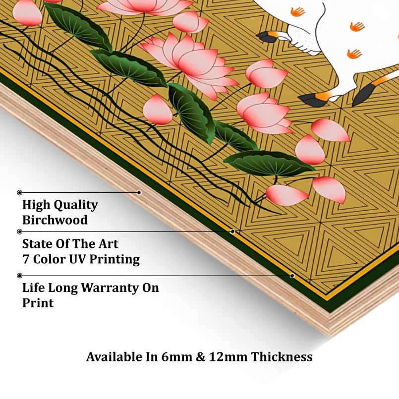 Chalk My Theme Sacred Cow Pichwai Wood Print Wall Art Gold Home Decor, Living Room, Bedroom, Cafe, Room Painting For Wall Decora